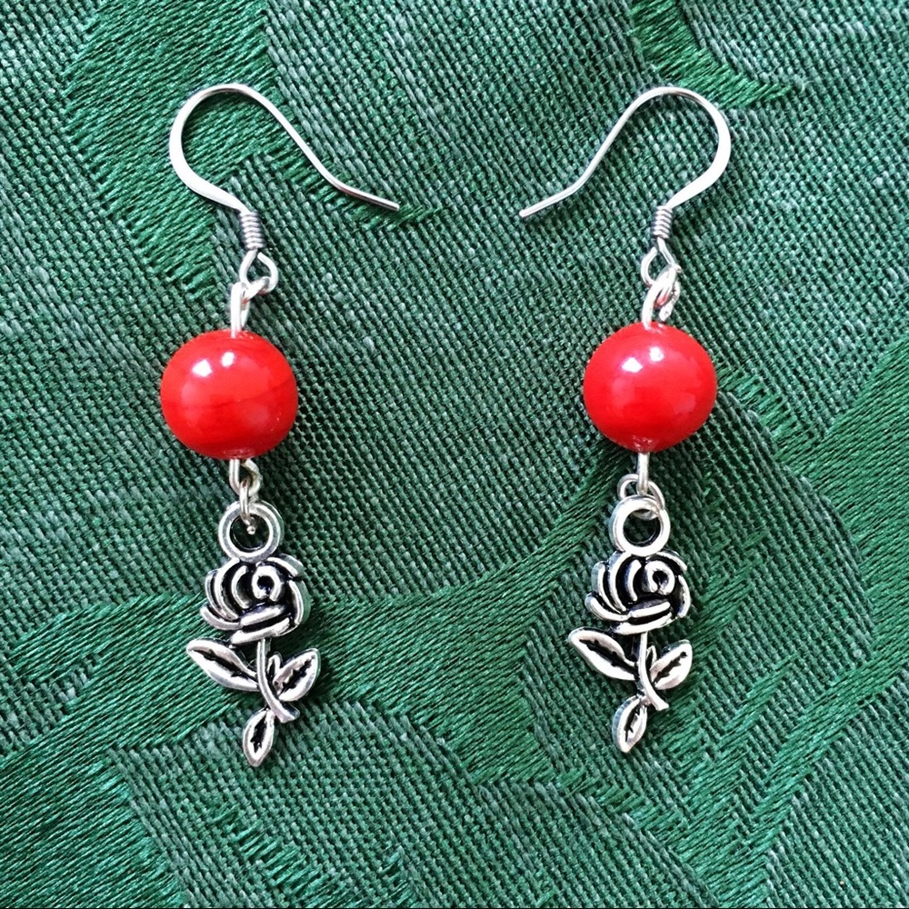 Red Beaded Silver Rose Charmed Dangle Earrings